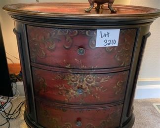 Lot 3210 $425.00 Demilune Oval Side Chest w/ 3 Drawers and removable Breakfast Oval Floral Tray 32" W x 22" D  Match for Lot  3207 	
