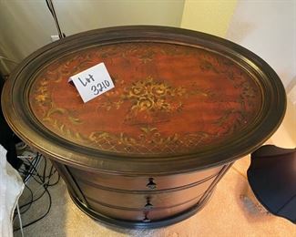 Lot 3210 $425.00 Demilune Oval Side Chest w/ 3 Drawers and removable Breakfast Oval Floral Tray 32" W x 22" D  Match for Lot  3207 	