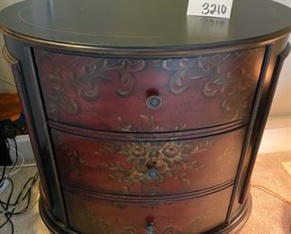 Lot 3210 $425.00 Demilune Oval Side Chest w/ 3 Drawers and removable Breakfast Oval Floral Tray 32" W x 22" D  Match for Lot  3207. 	View without Breakfast Tray