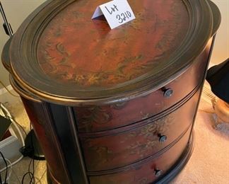 Lot 3210 $425.00 Demilune Oval Side Chest w/ 3 Drawers and removable Breakfast Oval Floral Tray 32" W x 22" D  Match for Lot  3207 	