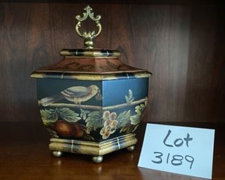 Lot 3189.  $60.00 Raymond Waites Toyo Trading Co. Decorative Lidded Dish (paid $122). These Raymond Waites pieces would class up any space!  Just beautiful! Coordinates with Lot 3194. 	10"H  x 8"Diameter.  View on the shelf.	