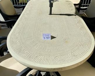 Lot 3150.  $1,200.00  Smith & Hawken Patio Set & 8 chairs, cream cushions, plus umbrella and stands. The tabletop has mosaic details.  Owner paid $4500 + Cushion Price. + $569 for Umbrella (Sunbrella Fabric), So you can get a screaming hot deal for this price and it looks exceptional!   