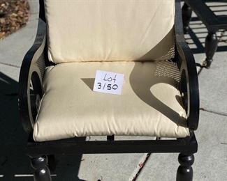 Lot 3150.  $1,200.00  Smith & Hawken Patio Set & 8 chairs, cream cushions, plus umbrella and stands. The tabletop has mosaic details.  Owner paid $4500 + Cushion Price. + $569 for Umbrella (Sunbrella Fabric), So you can get a screaming hot deal for this price and it looks exceptional!   