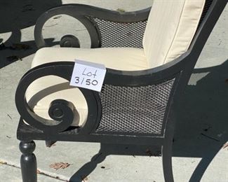 Lot 3150.  $1,200.00  Smith & Hawken Patio Set & 8 chairs, cream cushions, plus umbrella and stands. The tabletop has mosaic details.  The owner paid $4500 + Cushion Price. + $569 for Umbrella (Sunbrella Fabric) BTW the cushions were ALWAYS kept indoors when not in use.  They are pristine.  