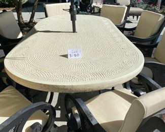 Lot 3150.  $1,200.00  Smith & Hawken Patio Set & 8 chairs, cream cushions, plus umbrella and stands. The tabletop has mosaic details.  Owner paid $4500 + Cushion Price. + $569 for Umbrella (Sunbrella Fabric), So you can get a screaming hot deal for this price and it looks exceptional!   