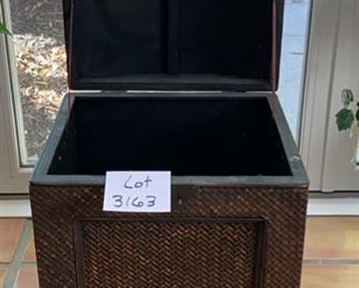 Lot 3163. $40.00  Cute wicker trunk with hinged lid.  Great for storage or decor. 	17"W x 15"D x 23"H.    Store your blankets or magazines.  