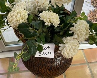 Lot 3164. $54.00  Large wicker urn with square wood base.  This lot includes the faux floral and greenery. 	29"H x 17"D	 