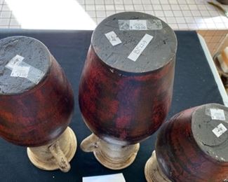 Lot 3170. $60.00/set  Artful trio of pottery pitcher/urns. Three different sizes make this display interesting, and we love the colors.   Made in Mexico in earth tones of red and cream.  