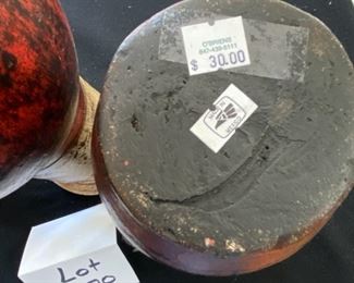 Lot 3170. $60.00/set  Artful trio of pottery pitcher/urns. Three different sizes make this display interesting, and we love the colors.   Made in Mexico in earth tones of red and cream.  