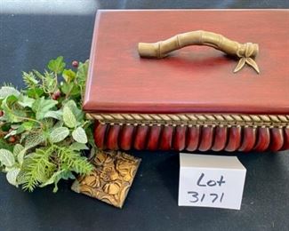 Lot 3171.   $38.00  Asian influence Trinket or shelf storage box by Seabrook and a cute 4" square resin box with greenery  This box is heavy and solid.	