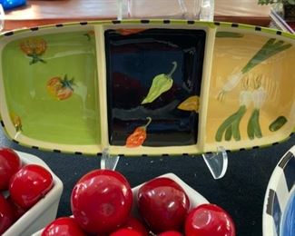 Lot 3213. $50.00 Hausenware serving/pasta bowl, 13.5" Diameter and matching pitcher!  A 13" x 6" baker by Eileen Tramonte and matching salt and pepper shaker set. (Apples are not included in this lot)	
