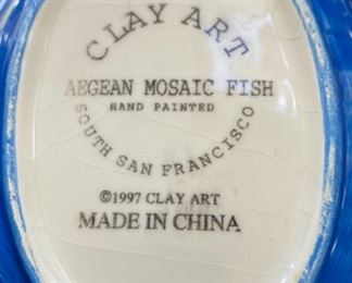 Lot 3215. $45.00 Cute, vintage, Clay Art of California fish chip and dip set. Chip bowl is 16.5" diam and the cute dip bowl is 5" across.  Add in 8 adorable tropical napkin rings and 8 cloth napkins.	 