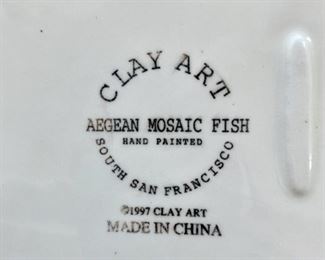 Lot 3215. $45.00 Cute, vintage, Clay Art of California fish chip and dip set. Chip bowl is 16.5" diam and the cute dip bowl is 5" across.  Add in 8 adorable tropical napkin rings and 8 cloth napkins.	 