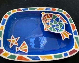 Lot 3215. $45.00 Cute, vintage, Clay Art of California fish chip and dip set. Chip bowl is 16.5" diam and the cute dip bowl is 5" across.  Add in 8 adorable tropical napkin rings and 8 cloth napkins.	 