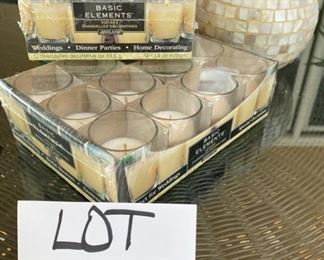 Lot 3214. $24.00  3 - packages of 12 Basic elements unscented votives in glass cups plus a shell mosaic candle/rose bowl.	