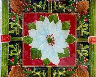 Lot 3218.  $65.00. Peggy Karr Poinsettia fused glass plate in box, plus 4 candles with red beaded cnadle rings from Anthropologie.  So nice great gift. 		