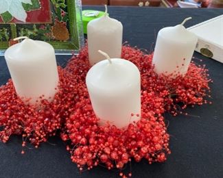 Lot 3218.  $65.00. Peggy Karr Poinsettia fused glass plate in box, plus 4 candles with red beaded cnadle rings from Anthropologie.  So nice great gift. 		