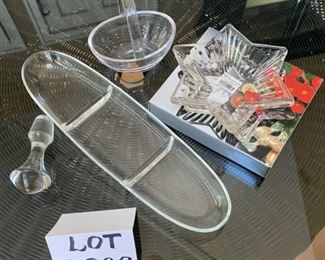Lot 3222. $24.00  Glass party accessories and serve pieces. Mikasa Diamond Fire glass sweet dish; small glass basket. glass wine stopper and a glass 3 compartment dish that is 16" x 4.5".  