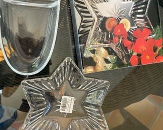 Lot 3222. $24.00  Glass party accessories and serve pieces. Mikasa Diamond Fire glass sweet dish; small glass basket. glass wine stopper and a glass 3 compartment dish that is 16" x 4.5".  