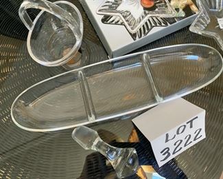Lot 3222. $24.00  Glass party accessories and serve pieces. Mikasa Diamond Fire glass sweet dish; small glass basket. glass wine stopper and a glass 3 compartment dish that is 16" x 4.5".  