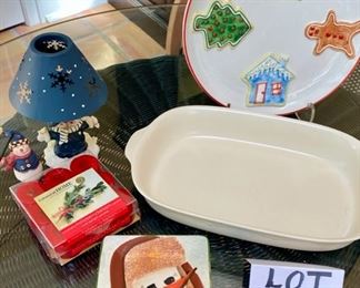 Lot 3224.  $36.00 Let it snow!!! Cute snowman accent and party ware.  Pfaltzgraf baking dish (13" x 8" x 2.5"); Snowman and Snow-woman votive w/snuffer; Hollyberry/Balsam tealights; oneida Snowman Plate (5.5" diam). and a cute Christmas plate " Made in Italy".