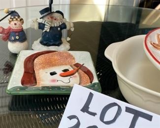 Lot 3224.  $36.00 Let it snow!!! Cute snowman accent and party ware.  Pfaltzgraf baking dish (13" x 8" x 2.5"); Snowman and Snow-woman votive w/snuffer; Hollyberry/Balsam tealights; oneida Snowman Plate (5.5" diam). and a cute Christmas plate " Made in Italy".