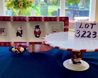 Lot 3223.  $32.00 Cute holiday party serveware.  Studio Nova 'Santa's Little Helper' 12" cake plate, divided relish tray and 4 section serve dish. (19.5" long)		 