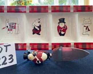 Lot 3223.  $32.00 Cute holiday party serveware.  Studio Nova 'Santa's Little Helper' 12" cake plate, divided relish tray and 4 section serve dish. (19.5" long