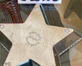 Lot 3225. $50.00.  A lovely assortment of mixed metal and glass holiday serving pieces, and very festive at that!  An 8" x 8" star dish by ARTHUR COURT; Lori Sievert for Silvestri hand blown rectangular Christmas plate (15" x 8.5"); so mod 17" x 7" Kromex silver tray and a cute 15" x 5.5" candy dish shaped like wrapped hard candy.  		