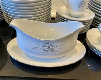 Lot 3227.  $425.00  Perfect for Thanksgiving, Sango "Morena" fine china - Huge Lot. 90 pieces in perfect condition. 11 dinner plates, 12 of each, lunch plate, B&B plate, soup bowls, berry bowls, cups, saucers; 1 each creamer, sugar bowl, gravy boat with underplate, 19.5" oval veggie dish, round 9.75" bowl, Small oval platter 12", Large oval platter 16".  A nice neutral pattern that even the Millennials will love!  	