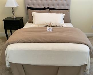 Lot 3243. $125.00  Nice Full/Queen bed linen set, Queen Duvet cover and inner duvet quilt, matching bed skirt,  5 decorative pillows.  All from the 'Khaki Collection by Calvin Klein. Great deal for this set. 