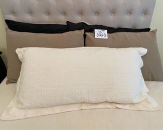 Lot 3243. $175.00  Nice Full/Queen bed linen set.  Wamsutta 100% cotton sheet set (full flat and fitted sheets and 1 pillowcase), Queen Duvet cover and inner duvet quilt, matching bed skirt,  5 decorative pillows.  All from the 'Khaki Collection by Calvin Klein. PLUS an bonus full cotton blanket from the Eddie  Bauer Home Collection.  Great deal for this set. Yes the bed is for sale as well	