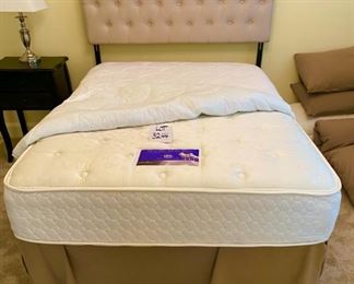 Lot 3244. $350.00  Full bed and Upholstered Headboard (52"W x 55"L) Serta Perfect Sleeper "Affair" mattress  and boxed spring.  medium/firm and Bed Frame Clean condition.