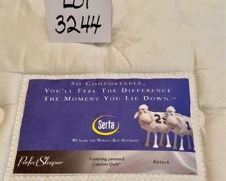 Lot 3244. $350.00  Full bed and Upholstered Headboard (52"W x 55"L) Serta Perfect Sleeper "Affair" mattress  and boxed spring.  medium/firm and Bed Frame Clean condition.