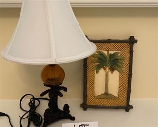 Lot 3248. $22.00 Very cute Palm tree base lamp with monkeys, cream color shade (16" H x 10" Diameter) plus Palm art decor (7" x 10")