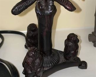 Lot 3248. $22.00 Very cute Palm tree base lamp with monkeys, cream color shade (16" H x 10" Diameter) plus Palm art decor (7" x 10")