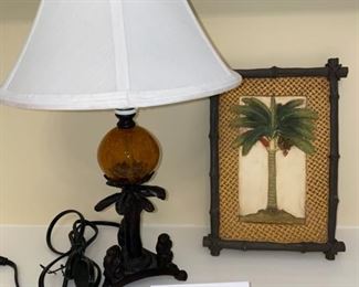 Lot 3248. $22.00 Very cute Palm tree base lamp with monkeys, cream color shade (16" H x 10" Diameter) plus Palm art decor (7" x 10")