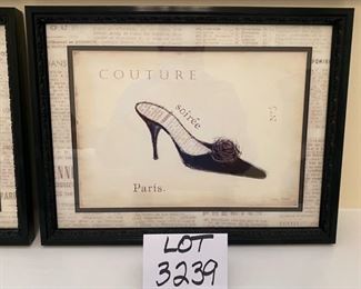 Lot 3239. $24.00  2 framed pictures, each is 16.5" x 13". titles 1- 'Opera Theatre' and 2- 'Couture Paris'.