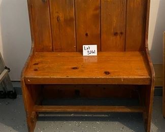 Lot 3261  $80.00  Vintage Bench with High Back Rest and made of Pine.  Painted or strip down to the bare wood.  It would make a great Mud Room or Entry Bench...		