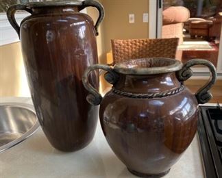 Lot 3266. $38.00  2 large pottery urns with handles by Melrose Gardens.		