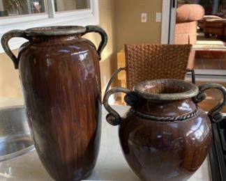 Lot 3266. $38.00  2 large pottery urns with handles by Melrose Gardens.		