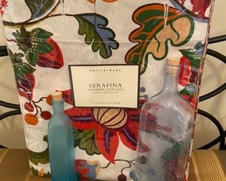 Lot 3252. $45.00 Pottery Barn 'Serafina' shower curtain (new), 2 glass bottles from Pier 1.		