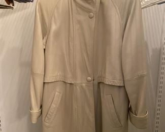 Lot 3256A $150.00 Gorgeous Tibor Leathers Cream Color Buttery Leather 3/4 Length Coat with zipout lining (3 Seasons) and Rabbit Fur Hood.  Size Medium. 