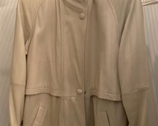 Lot 3256A $150.00 Gorgeous Tibor Leathers Cream Color Buttery Leather 3/4 Length Coat with zipout lining (3 Seasons) and Rabbit Fur Hood.  Size Medium. 