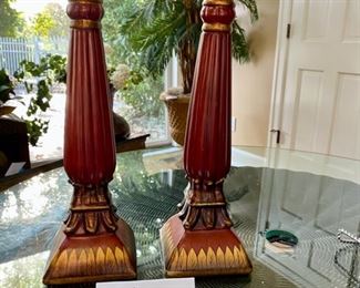 Lot 3268. $36.00  2 Ceramic candle stick lamps in burnished red and gold. (4.5" x  5" x 16" H.		
