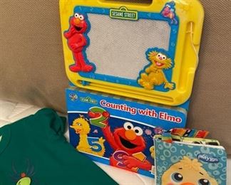 Lot 3258.  $32.00 Vintage children's clothing: 24 mos, Jean jacket w/ fleece collar and lining by 'First Impressions'; 'Joules T's' Bug T-shirt ; Counting with elmo and play cloth book		