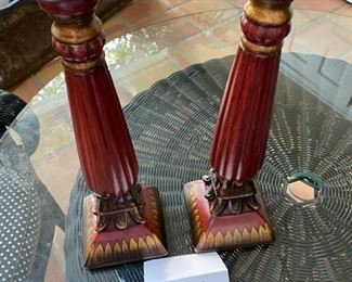 Lot 3268. $36.00  2 Ceramic candle stick lamps in burnished red and gold. (4.5" x  5" x 16" H.)		