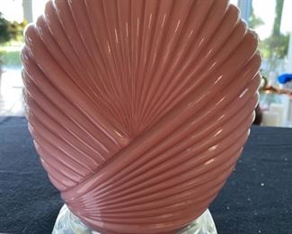 Lot 3269.  $45.00   Vintage pink art-deco lamp on clear lucite base.	14" Diameter x 19"H	