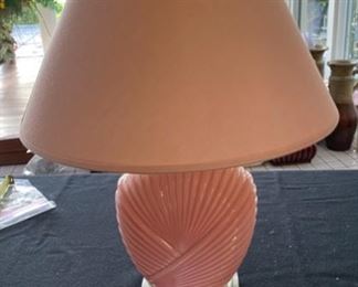 Lot 3269.  $45.00   Vintage pink art-deco lamp on clear lucite base.	14" Diameter x 19"H	