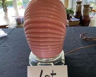 Lot 3269.  $45.00   Vintage pink art-deco lamp on clear lucite base.	14" Diameter x 19"H	